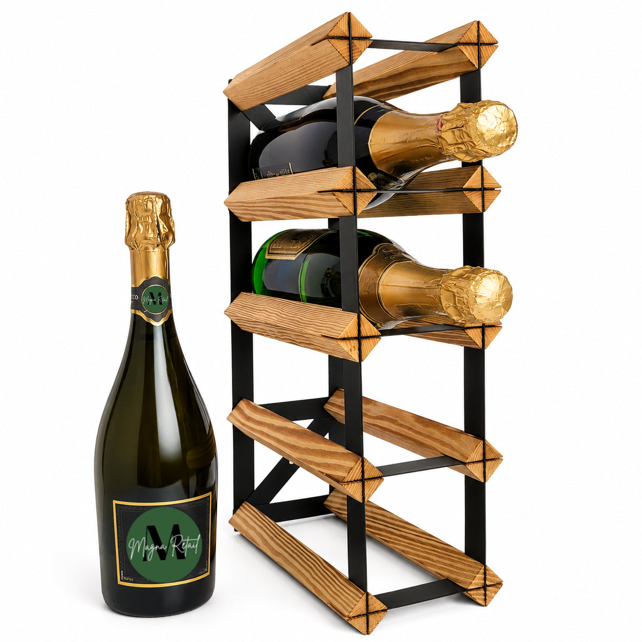 8 Bottle Wood & Metal Wine Rack (Light Wood & Black)