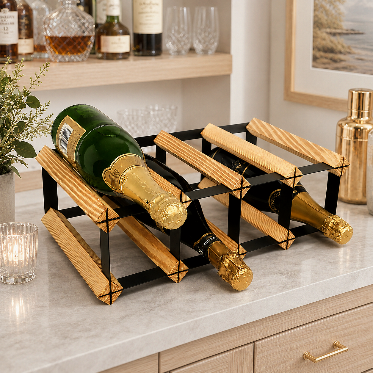 8 Bottle Wood & Metal Wine Rack (Light Wood & Black)