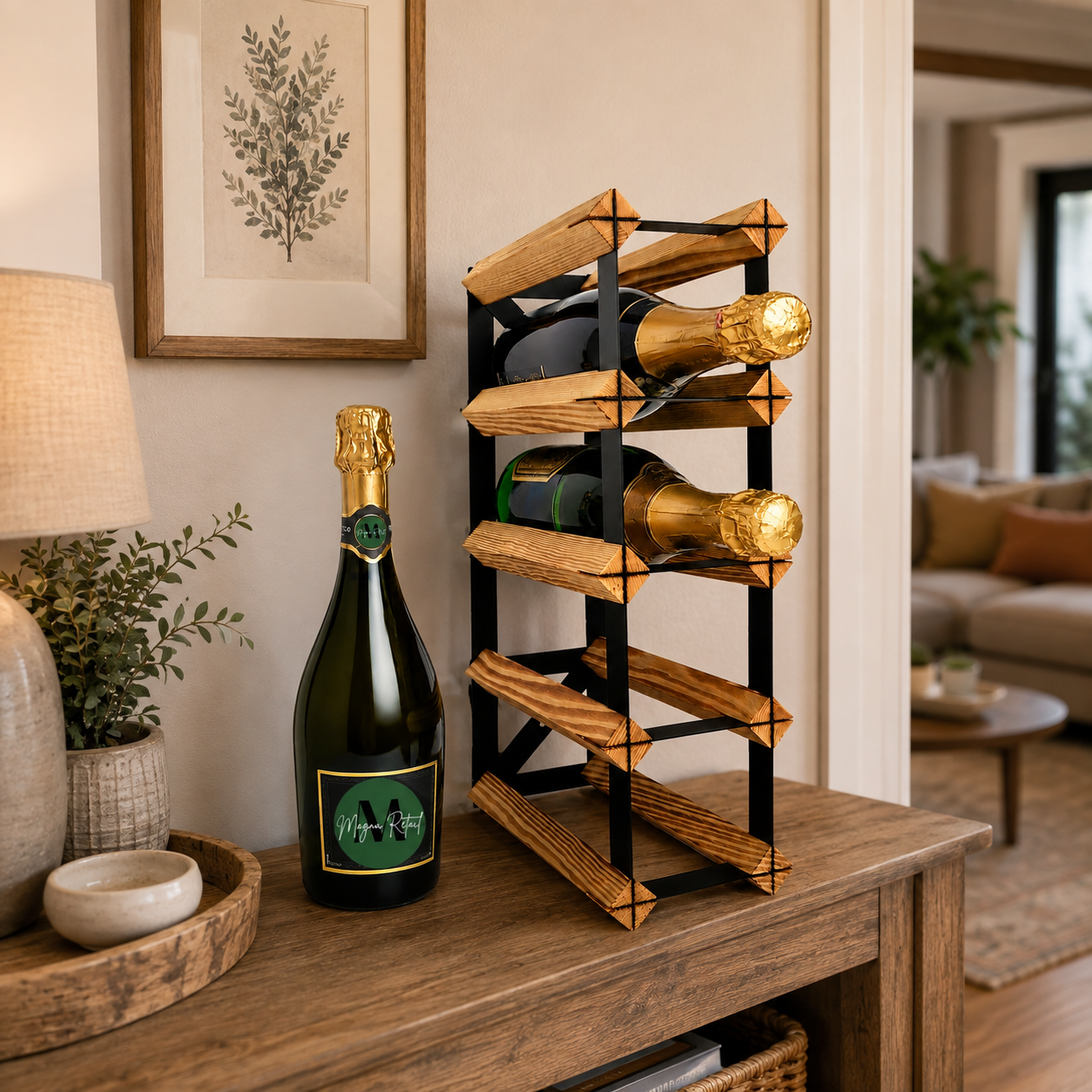 8 Bottle Wood & Metal Wine Rack (Light Wood & Black)
