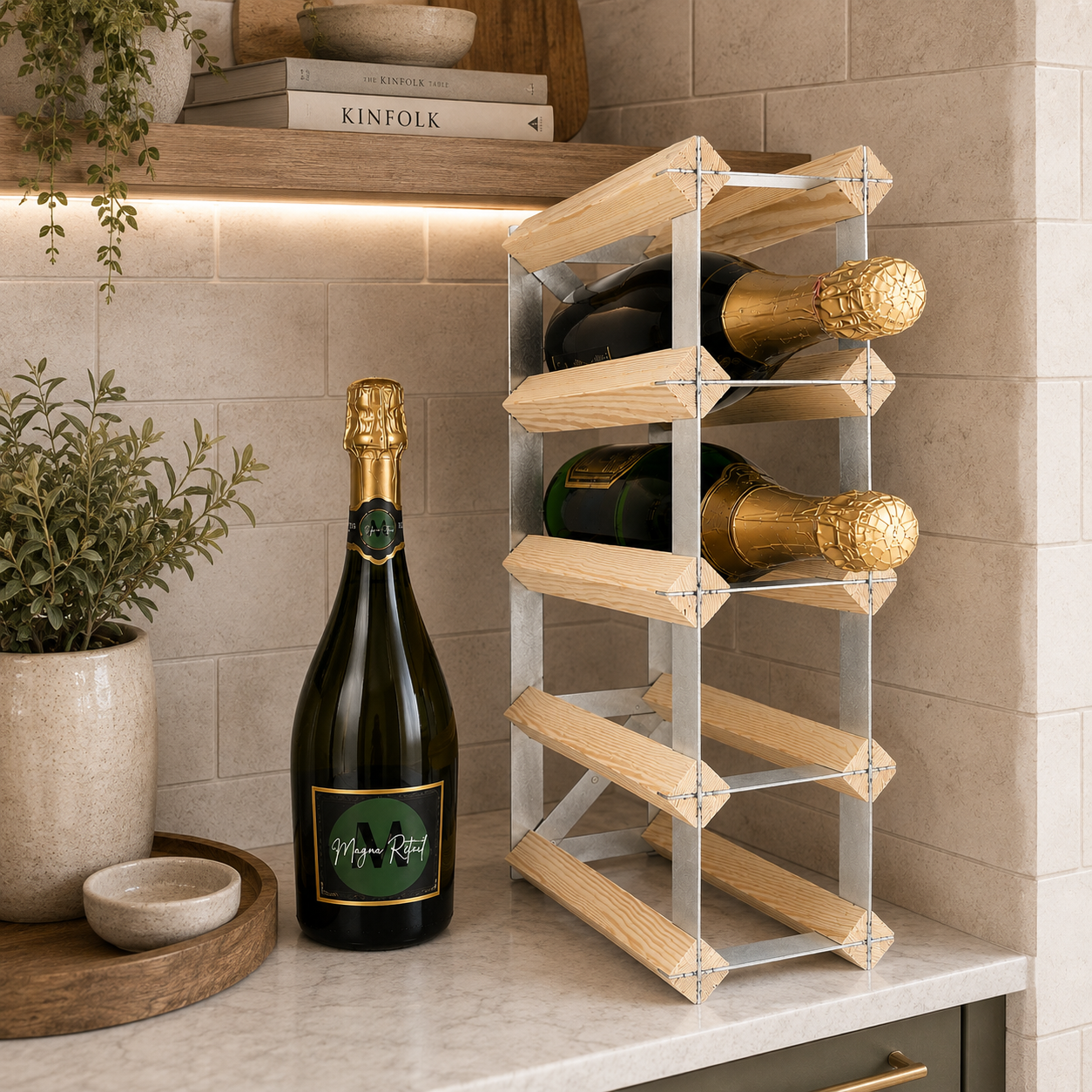 8 Bottle Wood & Metal Wine Rack (Natural Wood & Silver)