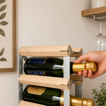 8 Bottle Wood & Metal Wine Rack (Natural Wood & Silver)