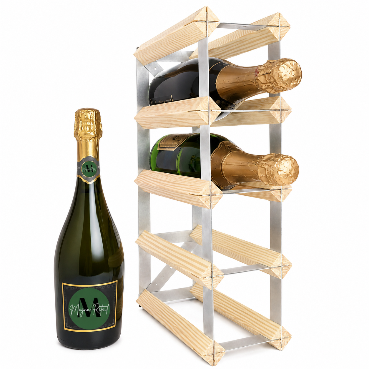 8 Bottle Wood & Metal Wine Rack (Natural Wood & Silver)