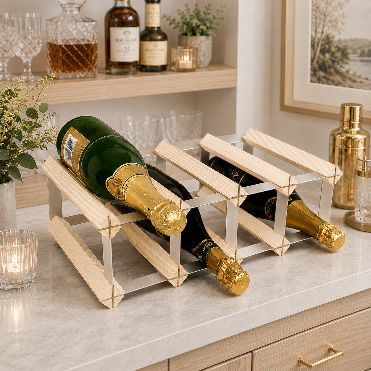 8 Bottle Wood & Metal Wine Rack (Natural Wood & Silver)
