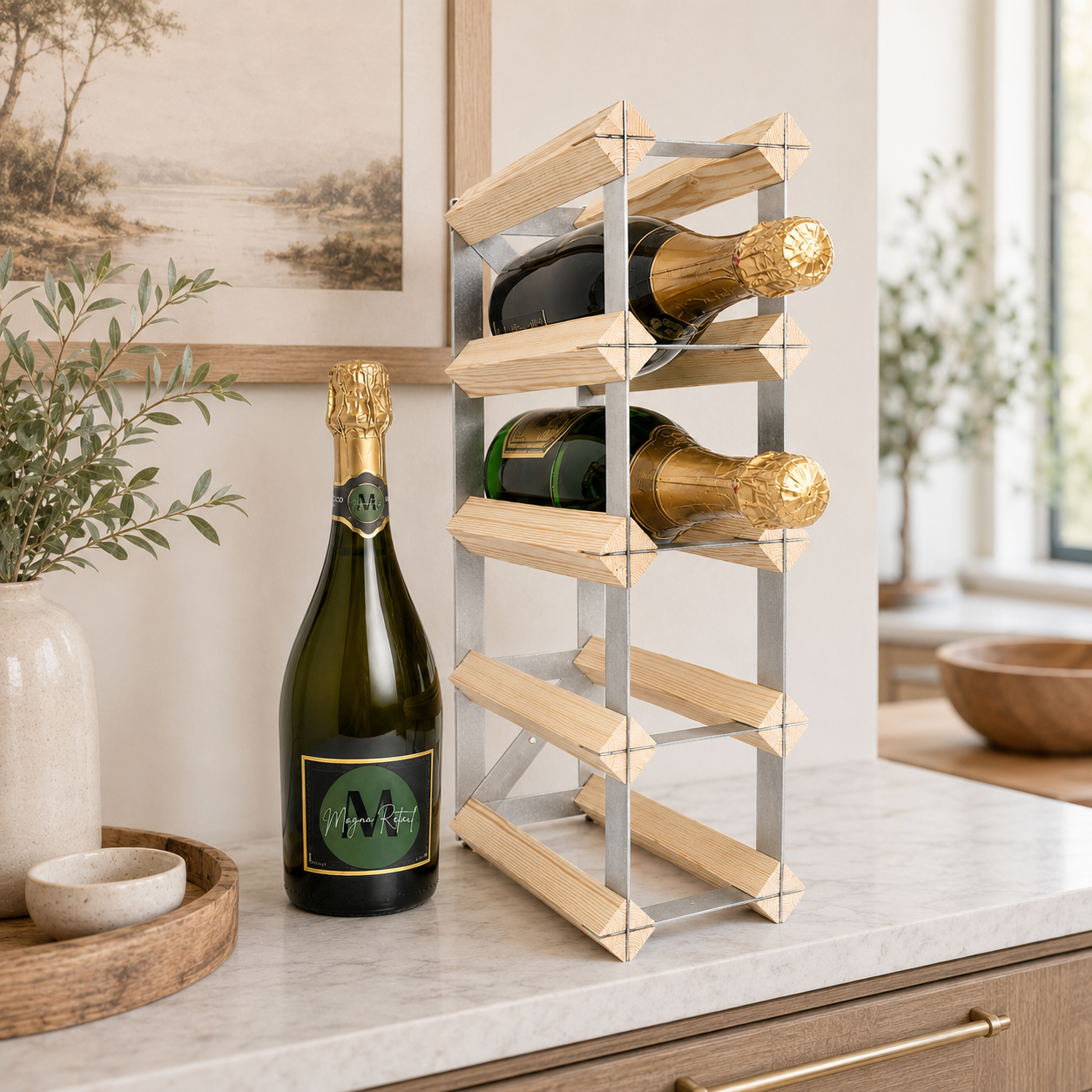 8 Bottle Wood & Metal Wine Rack (Natural Wood & Silver)