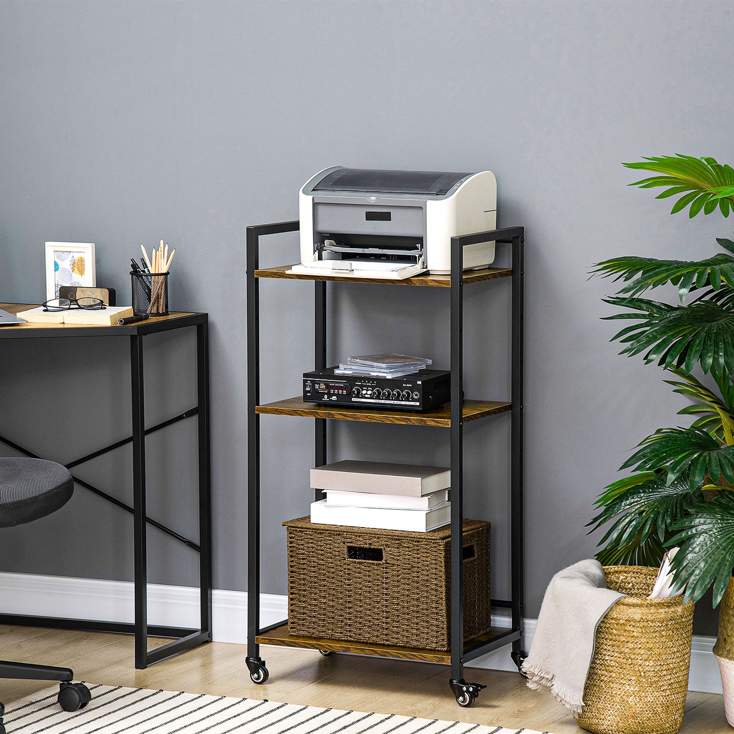 3-Tier Printer Stand, Utility Cart, Rolling Trolley with Adjustable Shelves