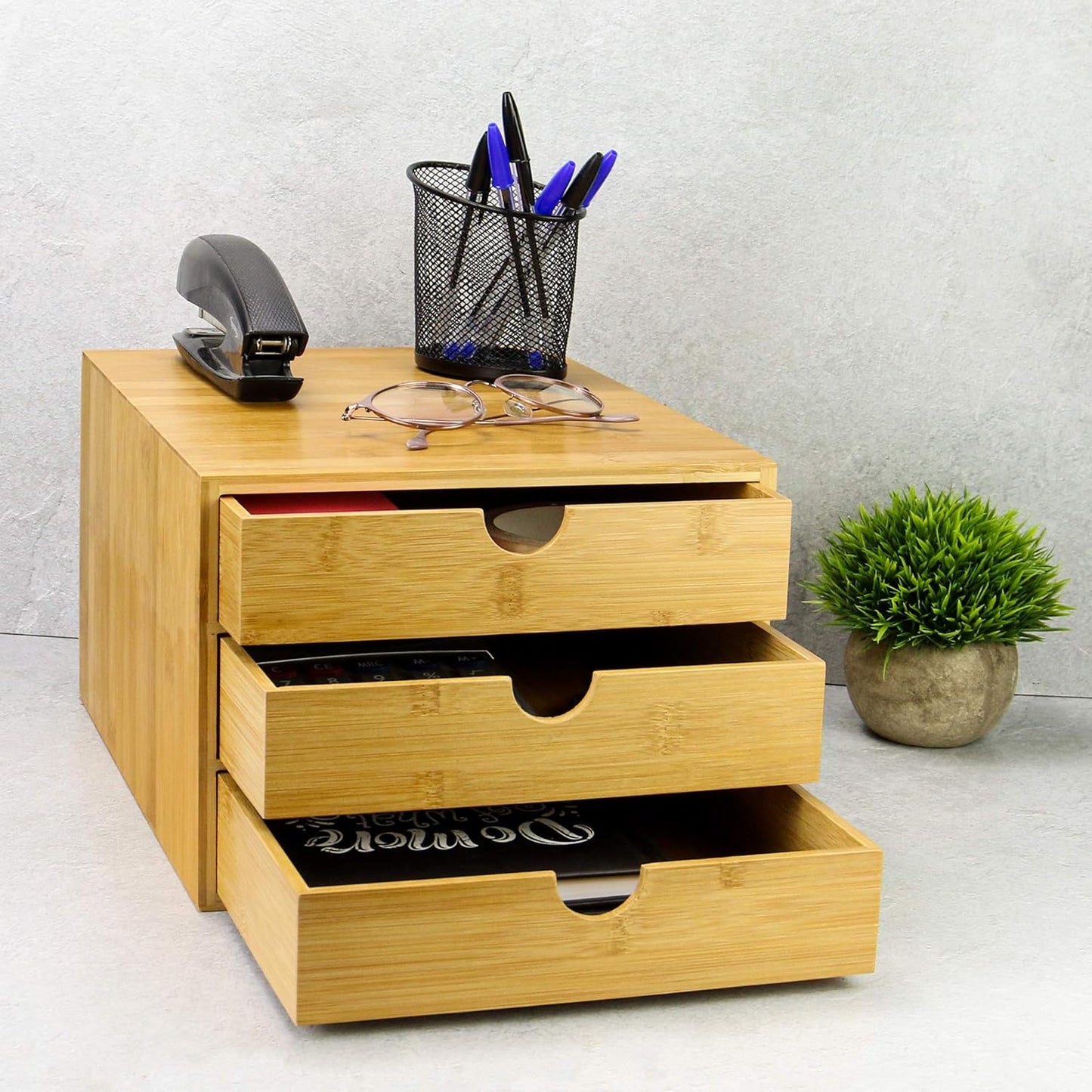 Bamboo Desktop 3 Drawer Organiser - Slim Opening