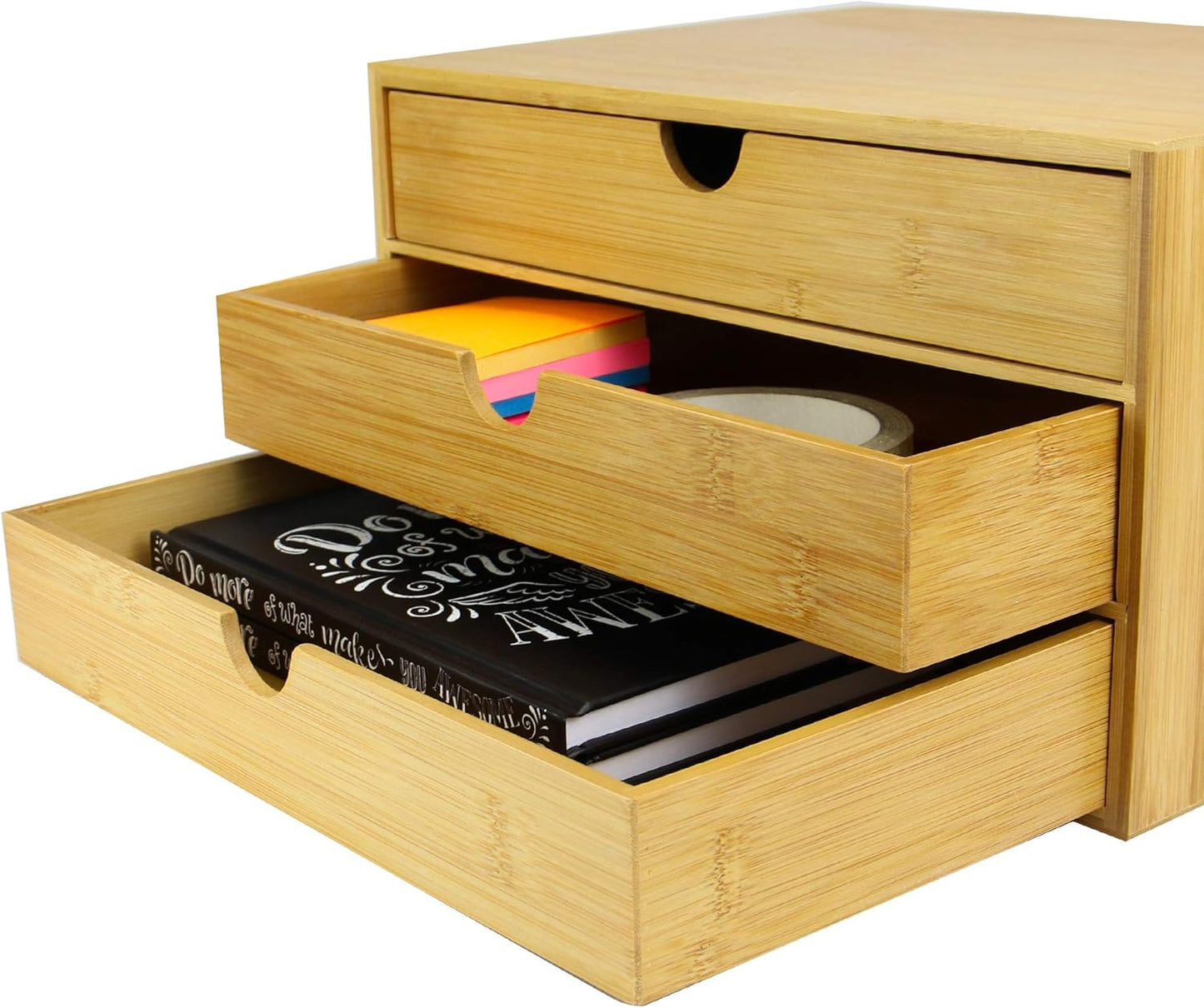 Bamboo Desktop 3 Drawer Organiser - Wide Opening