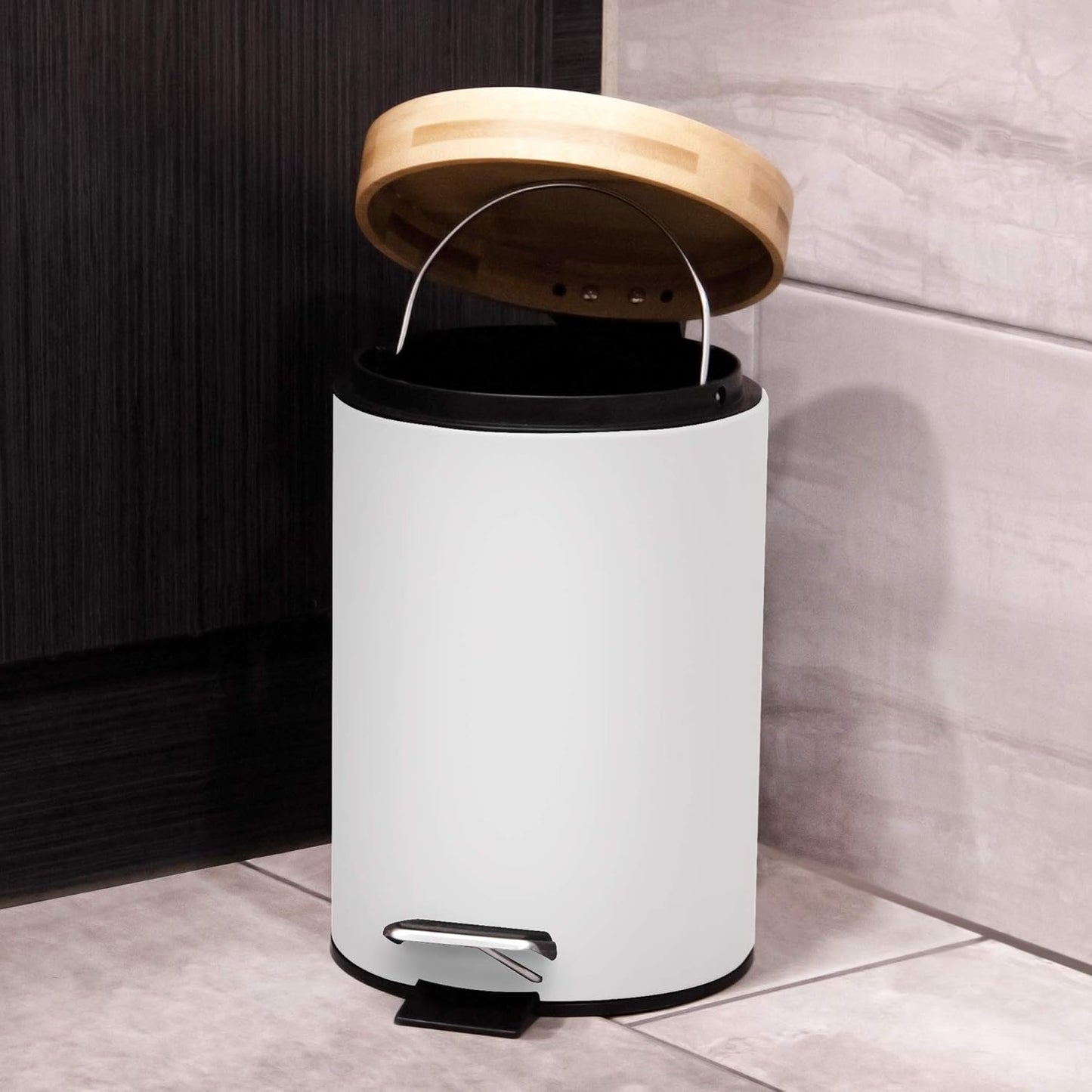 3L Bathroom Bin with Bamboo Lid - White