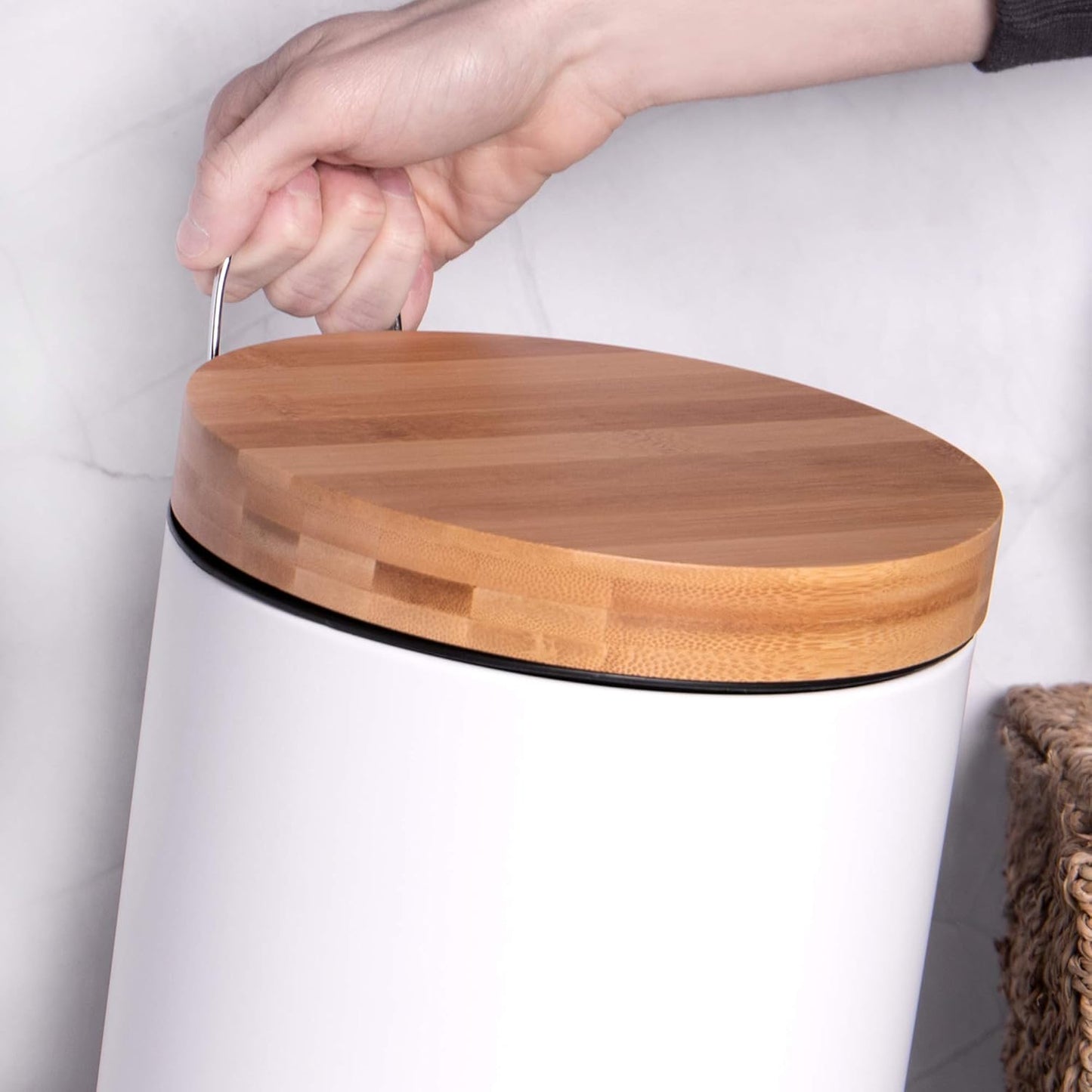 5L Bathroom Bin with Bamboo Lid - White