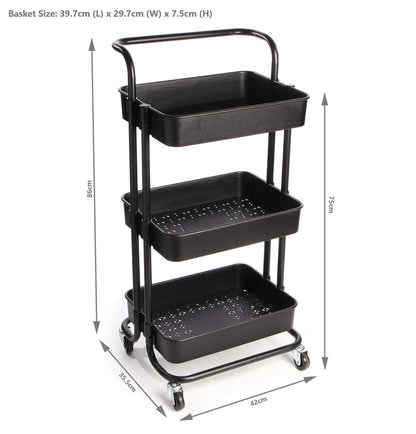 3-Tier Plastic Storage Trolley - Black