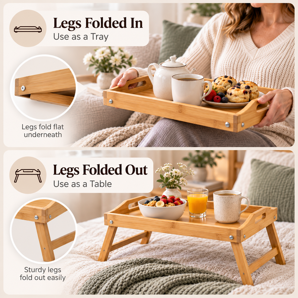 Bamboo Lap Tray with Folding Legs - 50cm x 30cm