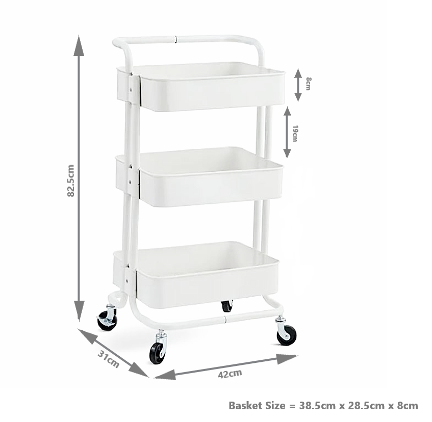 3-Tier Metal Storage Trolley on Wheels - White