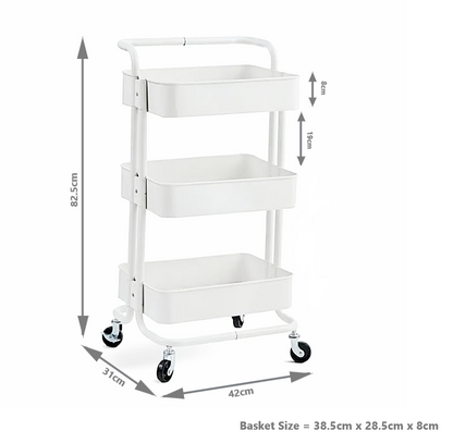 3-Tier Metal Storage Trolley on Wheels - White