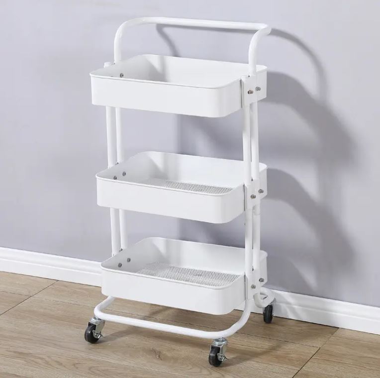 3-Tier Metal Storage Trolley on Wheels - White