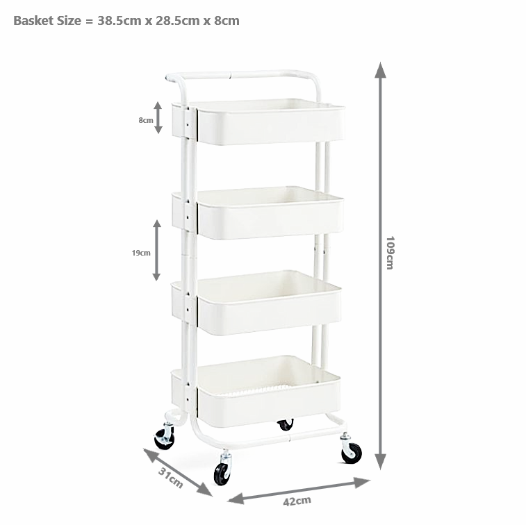 4-Tier Metal Storage Trolley on Wheels - White