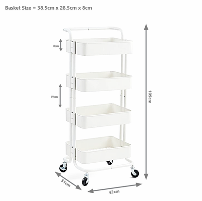 4-Tier Metal Storage Trolley on Wheels - White