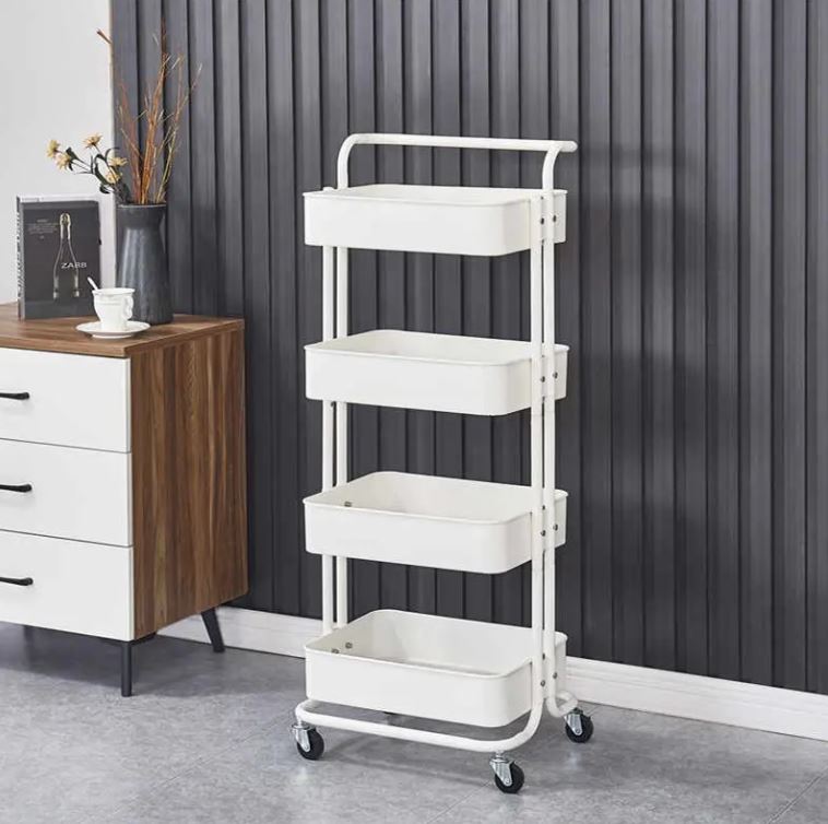 4-Tier Metal Storage Trolley on Wheels - White