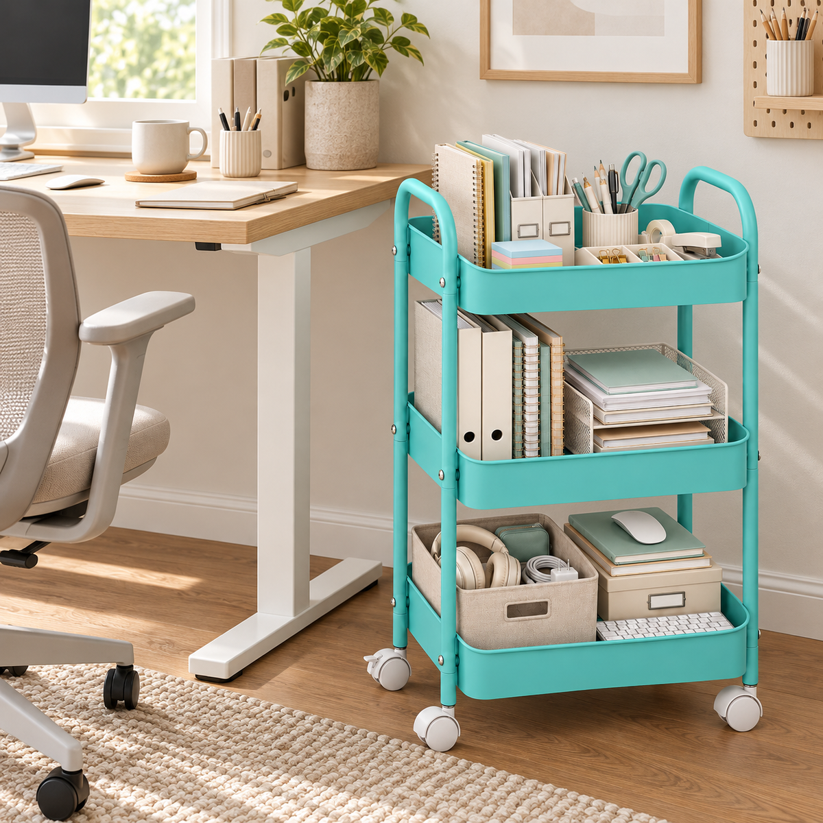 3-Tier Slim Metal Storage Trolley on Wheels - Aqua Blue