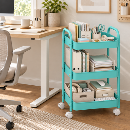3-Tier Slim Metal Storage Trolley on Wheels - Aqua Blue