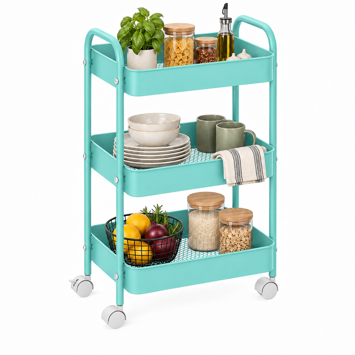 3-Tier Slim Metal Storage Trolley on Wheels - Aqua Blue
