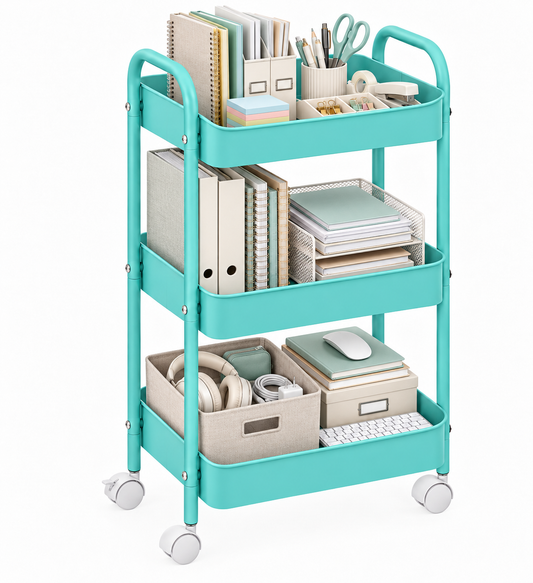 3-Tier Slim Metal Storage Trolley on Wheels - Aqua Blue