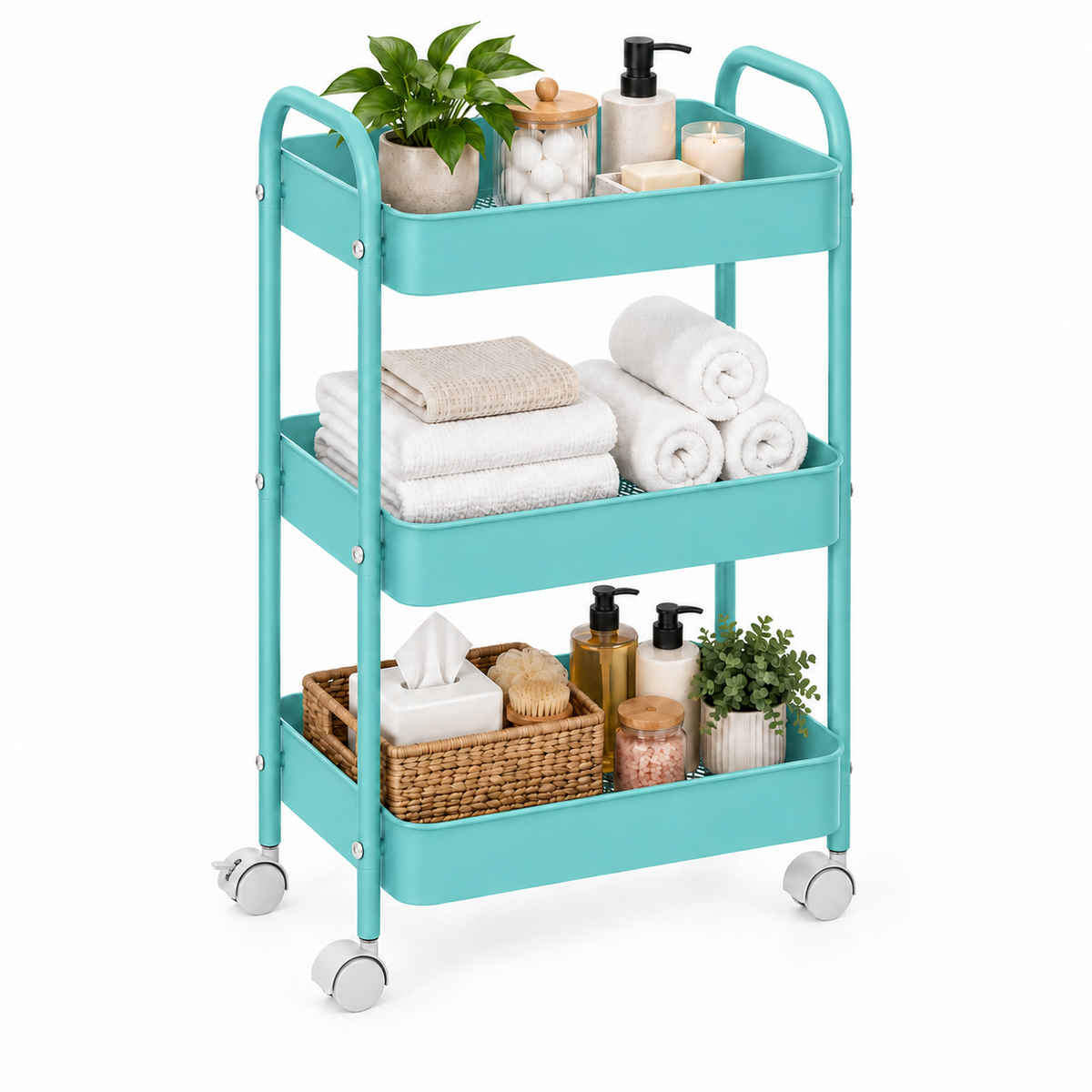 3-Tier Slim Metal Storage Trolley on Wheels - Aqua Blue