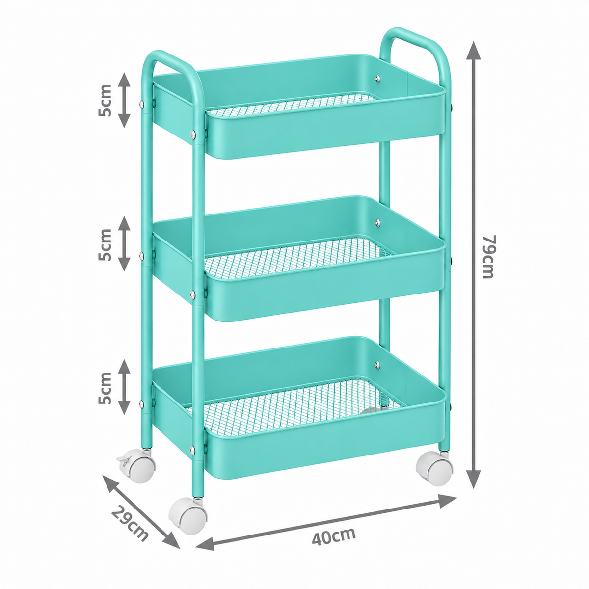 3-Tier Slim Metal Storage Trolley on Wheels - Aqua Blue