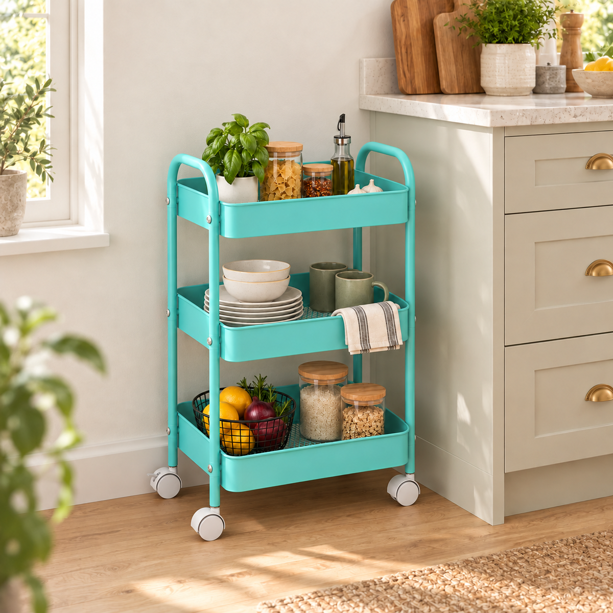 3-Tier Slim Metal Storage Trolley on Wheels - Aqua Blue