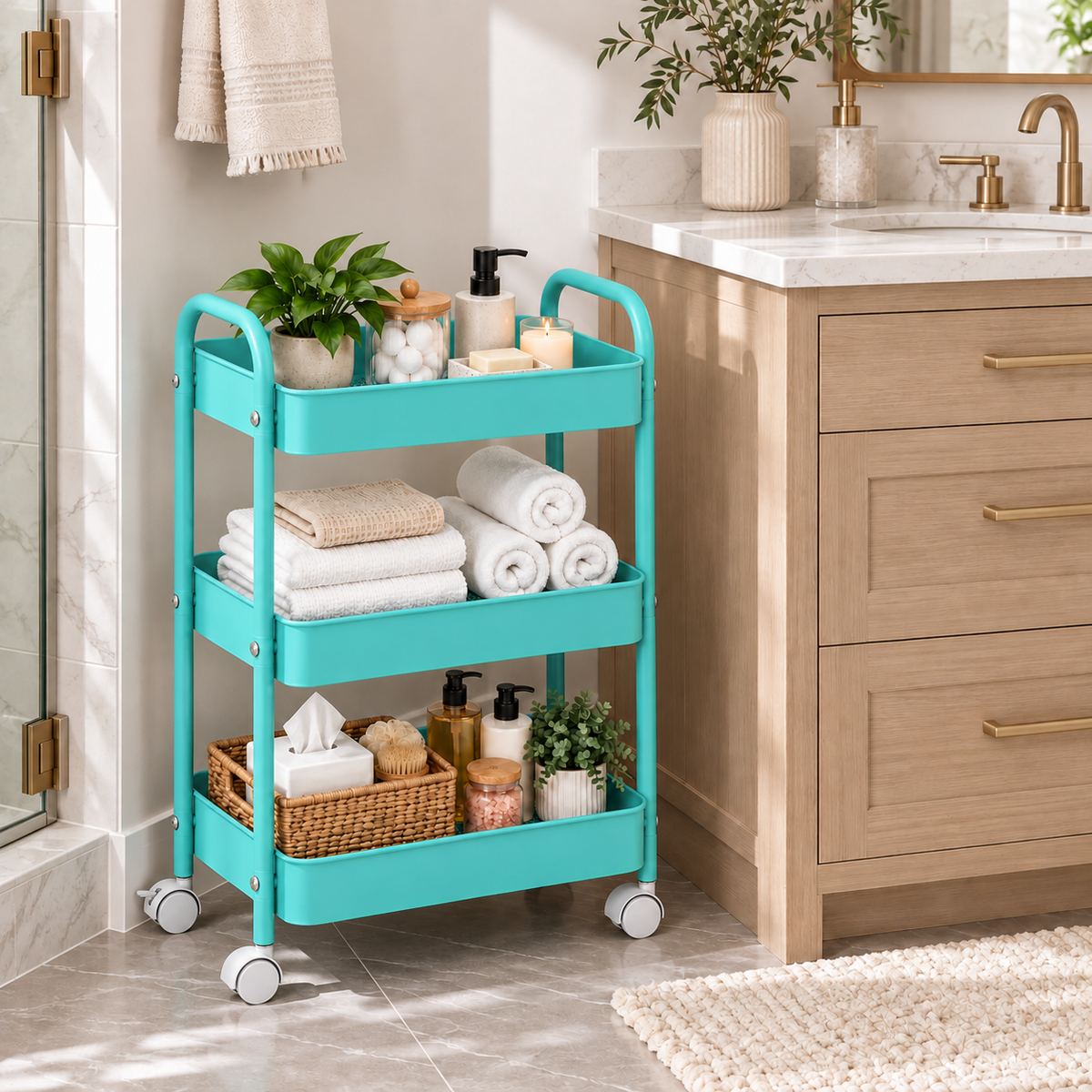 3-Tier Slim Metal Storage Trolley on Wheels - Aqua Blue