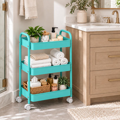 3-Tier Slim Metal Storage Trolley on Wheels - Aqua Blue