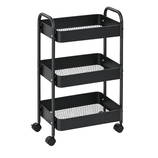 3-Tier Slim Metal Storage Trolley on Wheels - Black