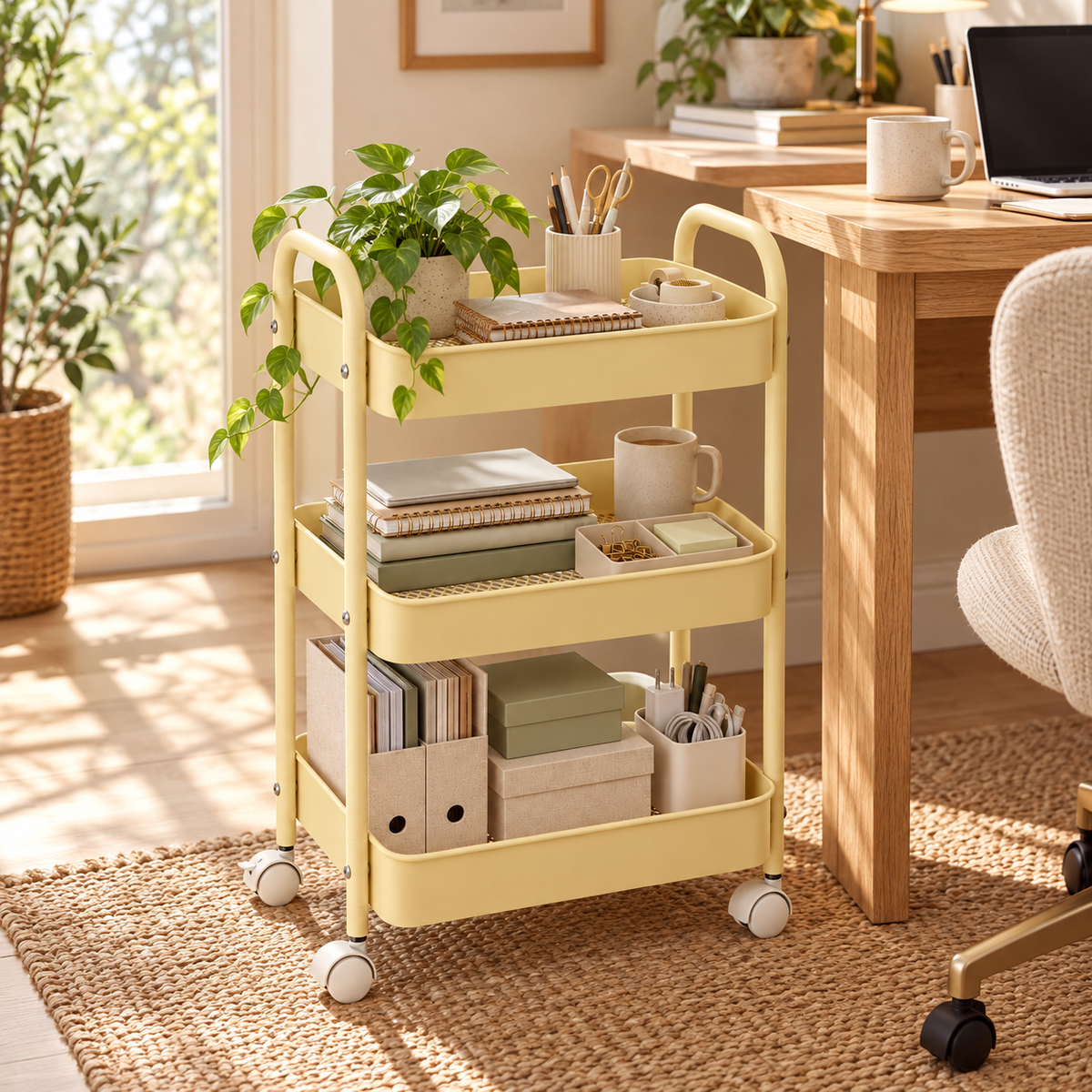 3-Tier Slim Metal Storage Trolley on Wheels - Vanilla Cream