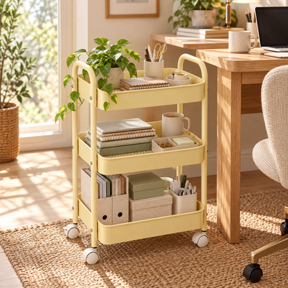 3-Tier Slim Metal Storage Trolley on Wheels - Vanilla Cream