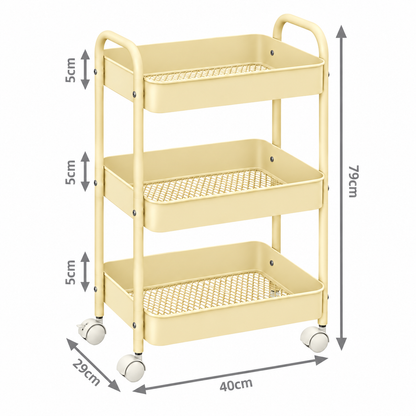 3-Tier Slim Metal Storage Trolley on Wheels - Vanilla Cream