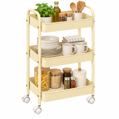 3-Tier Slim Metal Storage Trolley on Wheels - Vanilla Cream