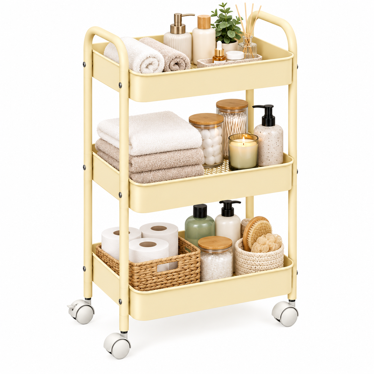 3-Tier Slim Metal Storage Trolley on Wheels - Vanilla Cream