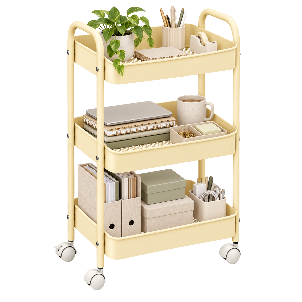 3-Tier Slim Metal Storage Trolley on Wheels - Vanilla Cream