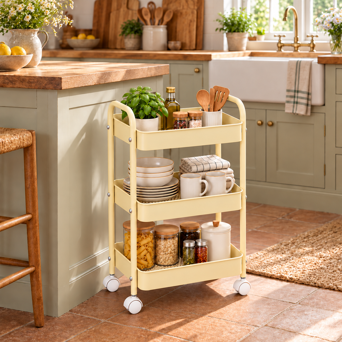3-Tier Slim Metal Storage Trolley on Wheels - Vanilla Cream