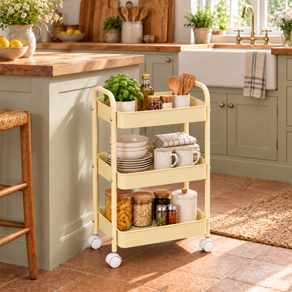 3-Tier Slim Metal Storage Trolley on Wheels - Vanilla Cream