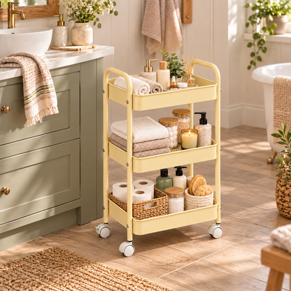 3-Tier Slim Metal Storage Trolley on Wheels - Vanilla Cream