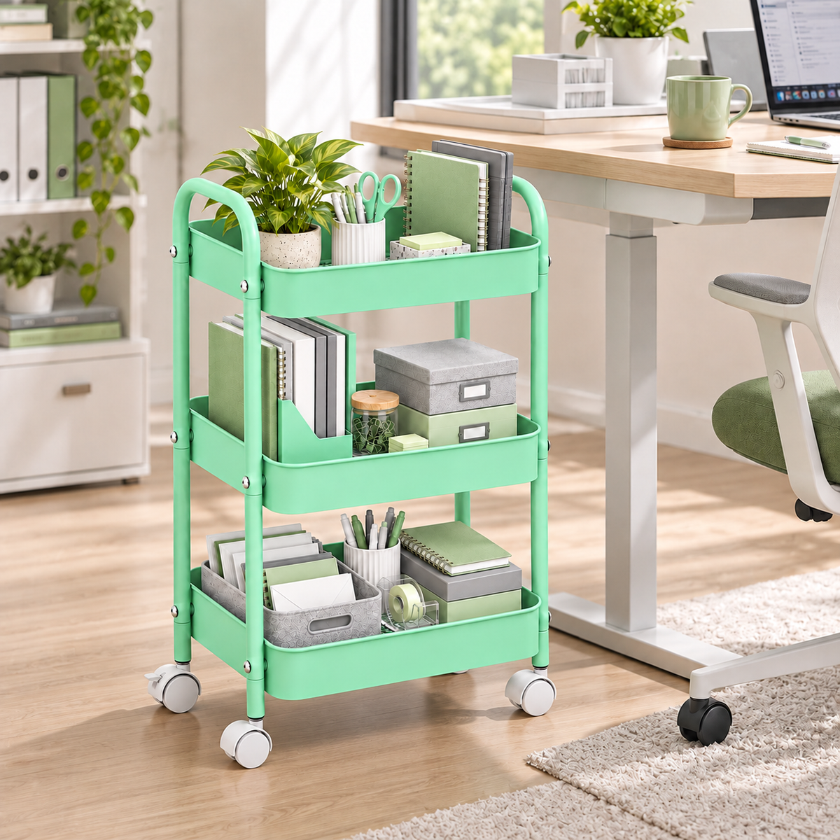 3-Tier Slim Metal Storage Trolley on Wheels - Mint Green