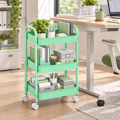 3-Tier Slim Metal Storage Trolley on Wheels - Mint Green