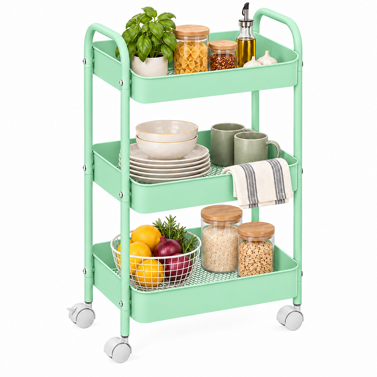 3-Tier Slim Metal Storage Trolley on Wheels - Mint Green