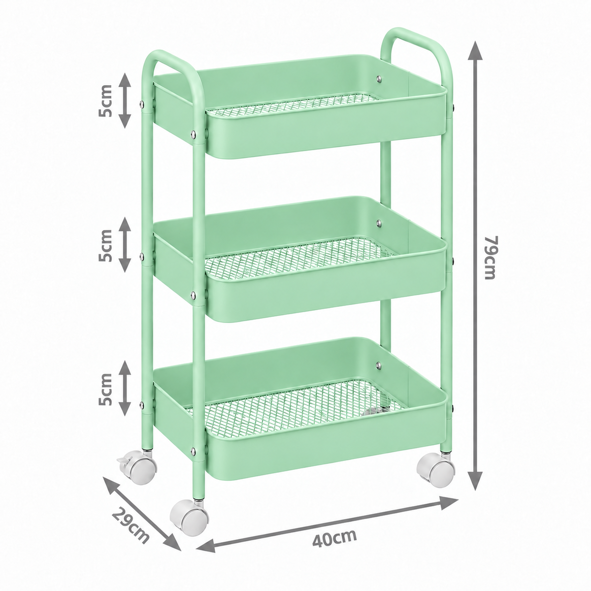 3-Tier Slim Metal Storage Trolley on Wheels - Mint Green