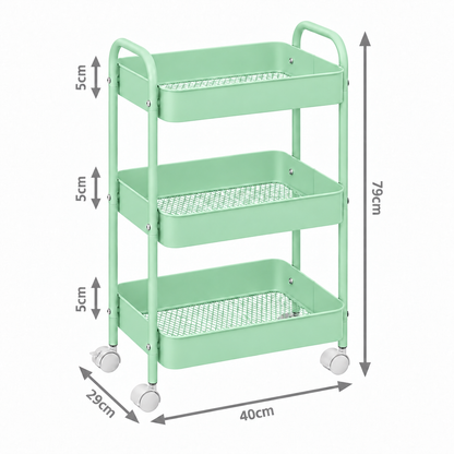 3-Tier Slim Metal Storage Trolley on Wheels - Mint Green