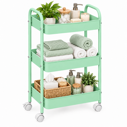 3-Tier Slim Metal Storage Trolley on Wheels - Mint Green