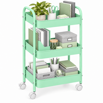 3-Tier Slim Metal Storage Trolley on Wheels - Mint Green