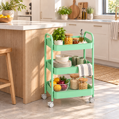 3-Tier Slim Metal Storage Trolley on Wheels - Mint Green