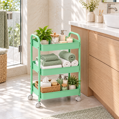 3-Tier Slim Metal Storage Trolley on Wheels - Mint Green