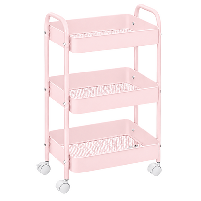 3-Tier Slim Metal Storage Trolley on Wheels - Blush Pink